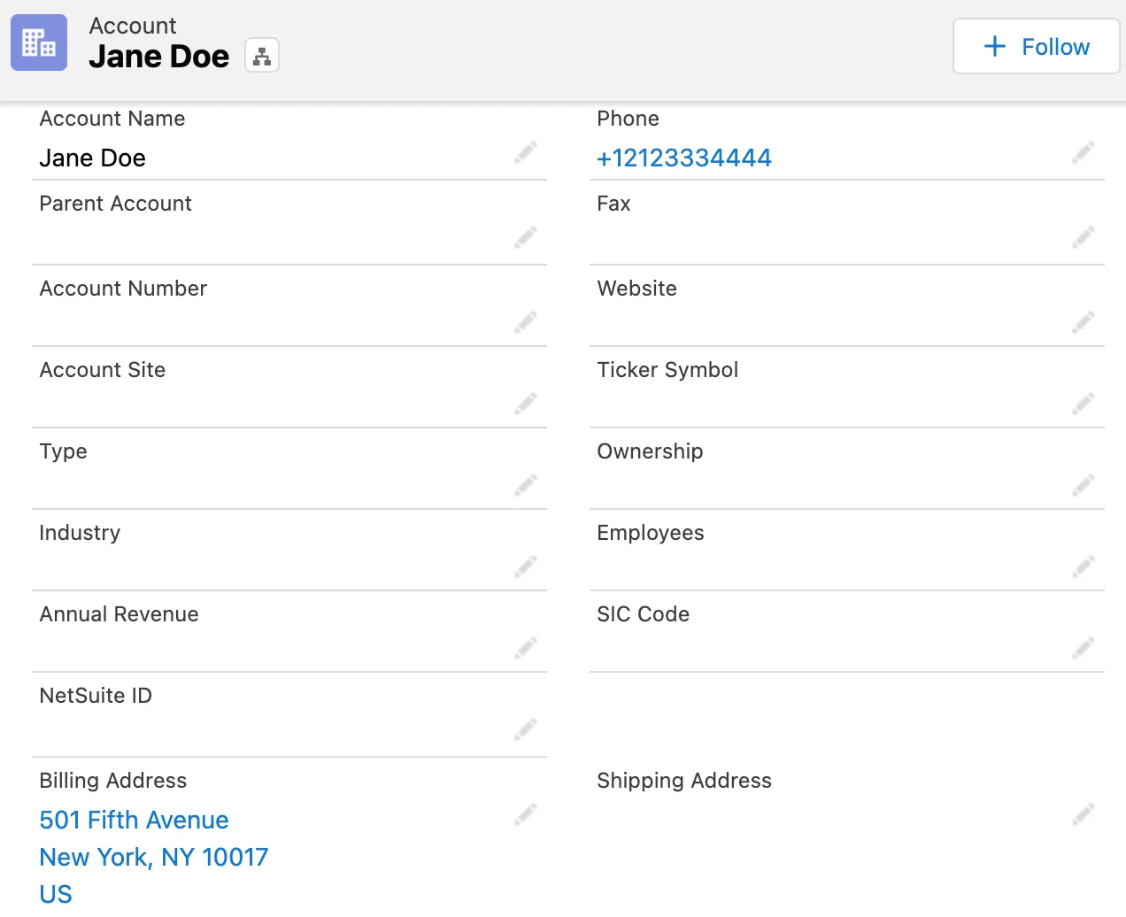 New Sales Cloud account corresponding to Stripe customer.