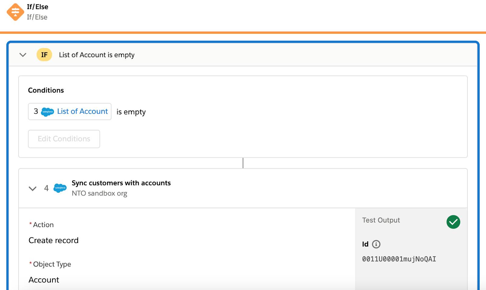 If/Else ブロックのステップ 4 に緑のチェックマークが表示されているテスト済みフロー