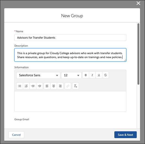 New Group fields Name, Description, and Information for new community group Advisors for Transfer Students.