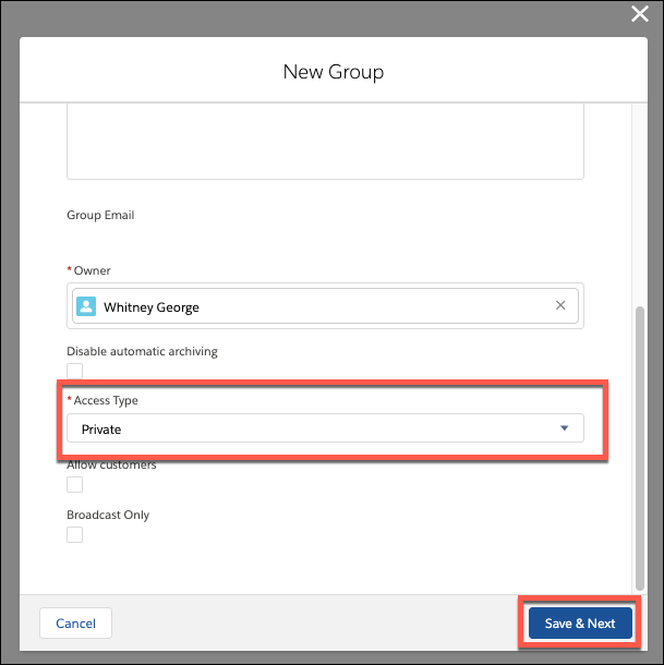 New Group fields Owner and Access Type, with Access Type set to Private.