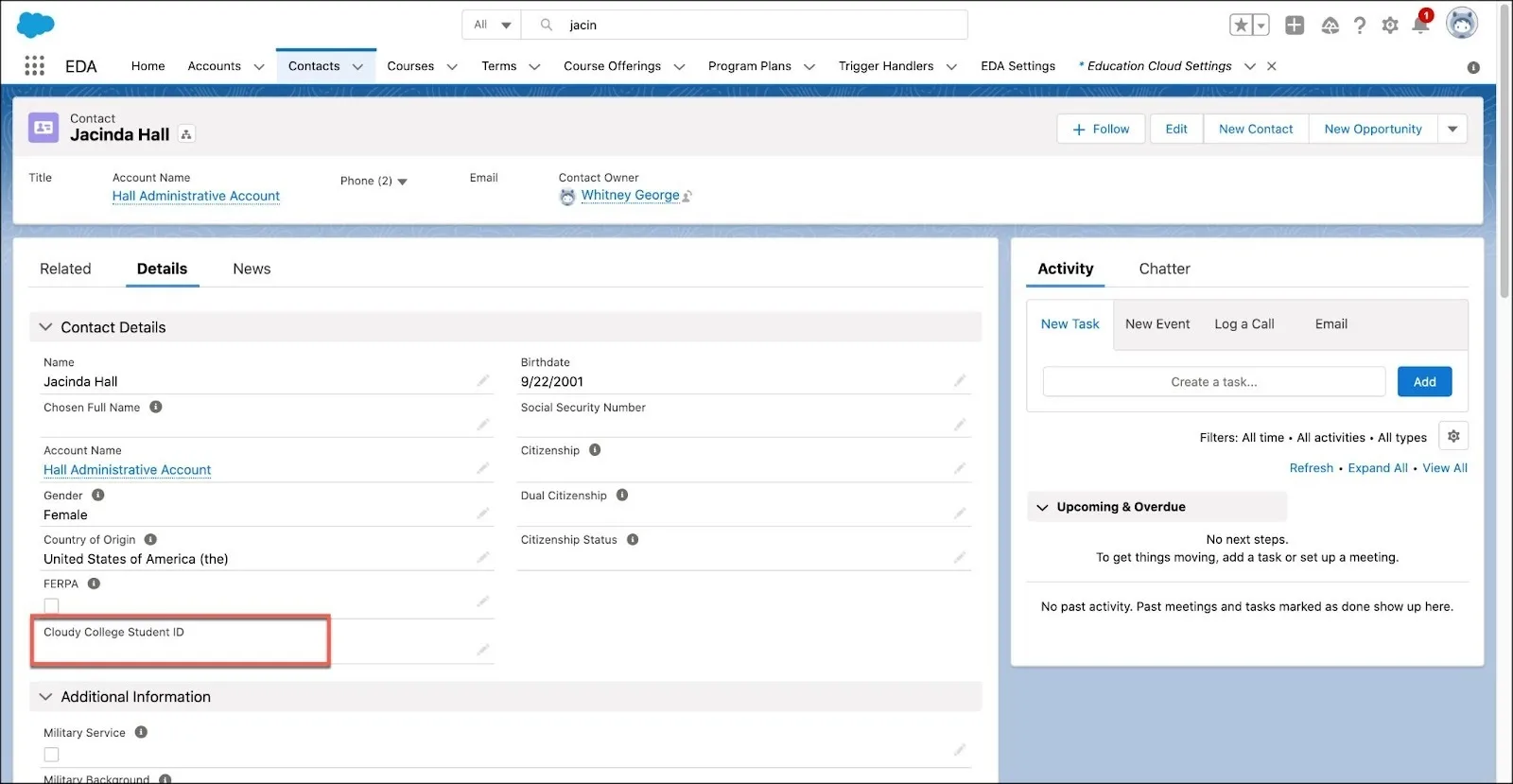 The Cloudy College Student ID Field can be viewed on the Contact record on the Details tab.