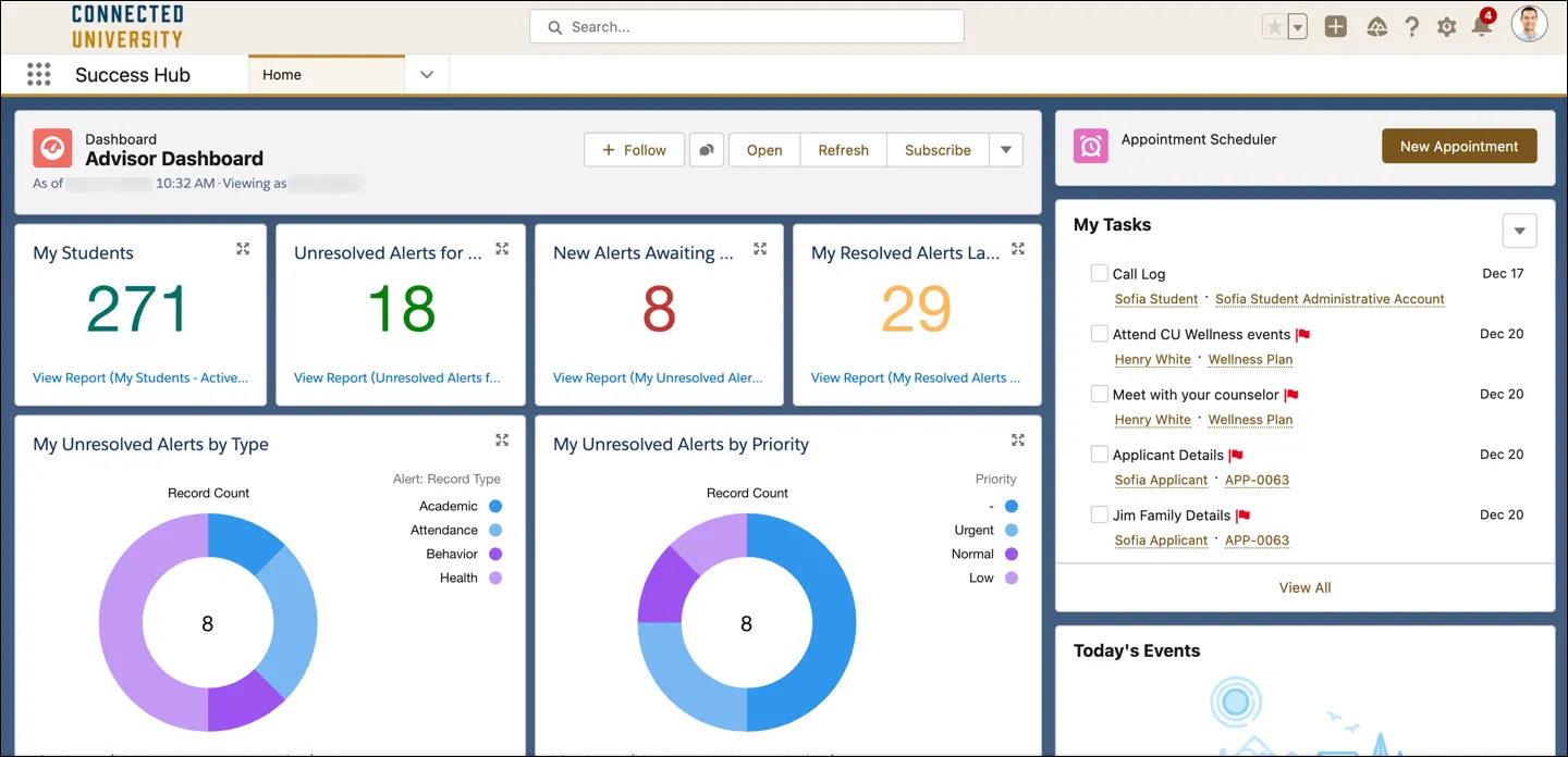 The advisor dashboard provides snapshots of task, alert, and scheduling data that you can click on for more detailed information.