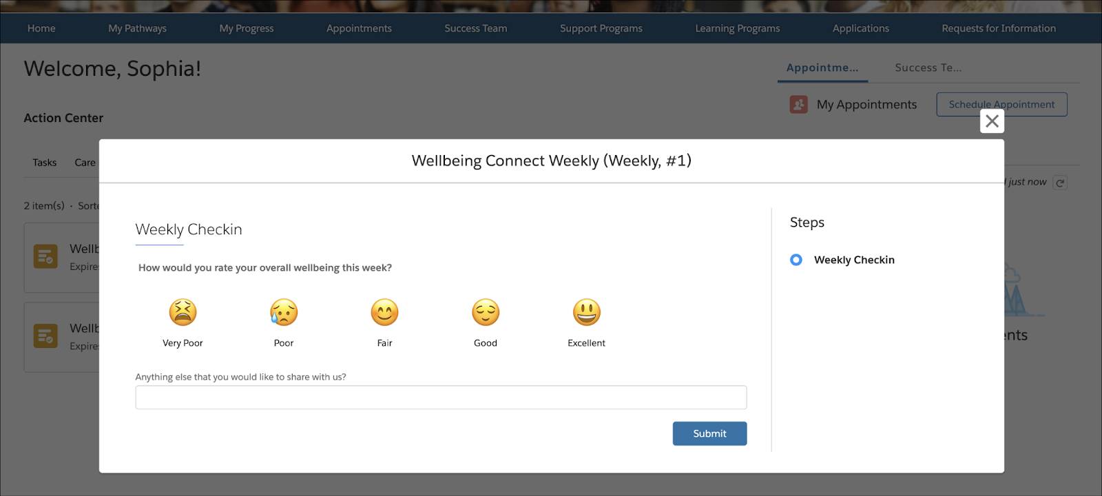 The Weekly Checkin pulse check assessment question.