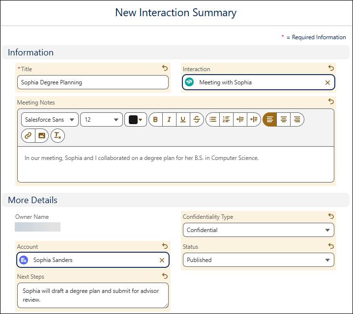 The New Interaction Summary window.