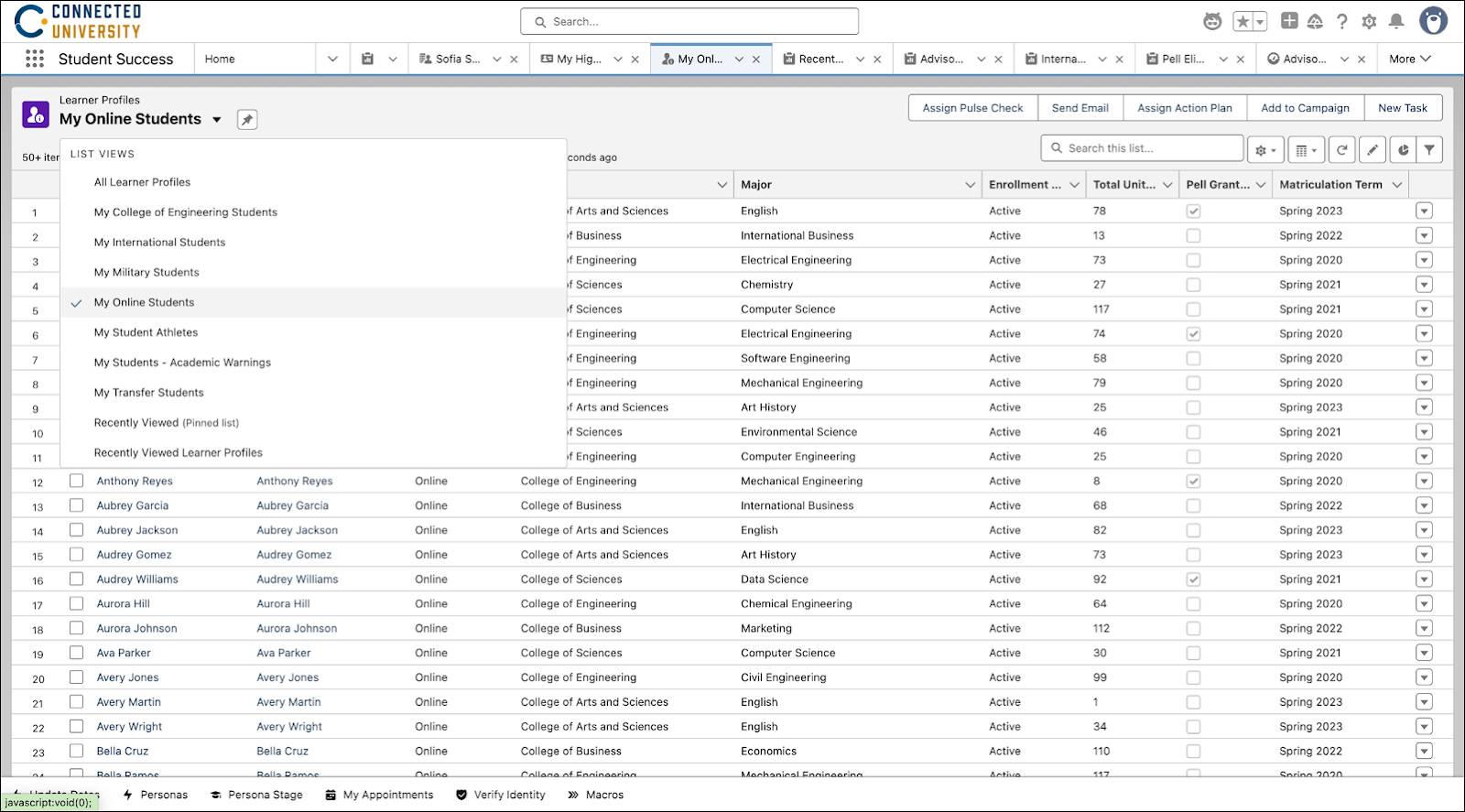 The My Online Students list view.