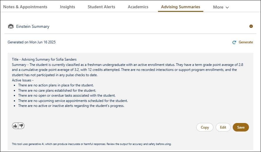The Advising Summaries tab of the case record.