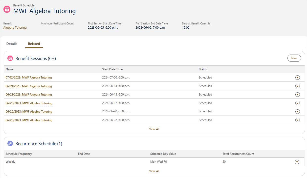 The MWF Algebra Tutoring benefit schedule.