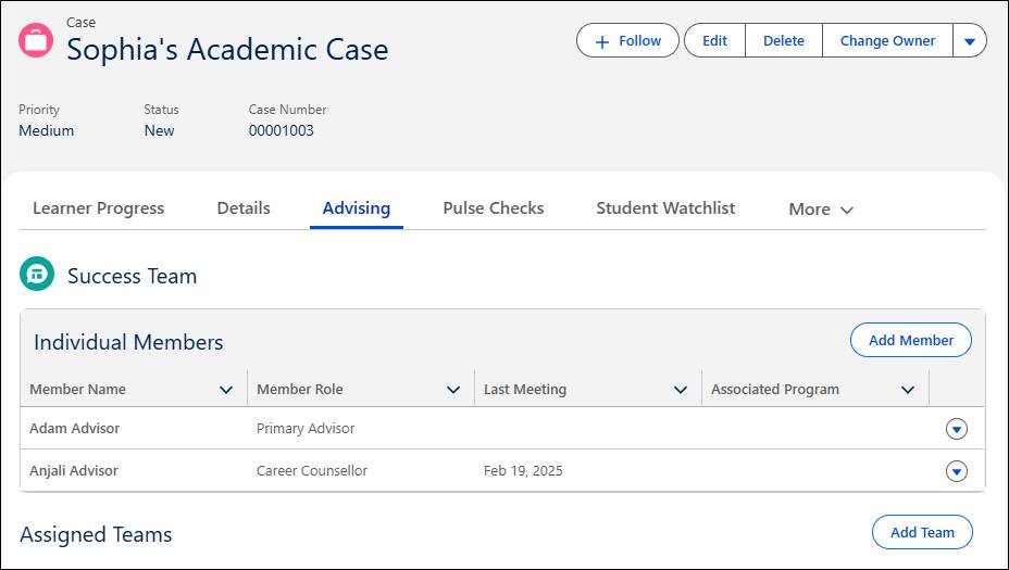 The Advising tab of the case record showing Sophia’s two advisors.