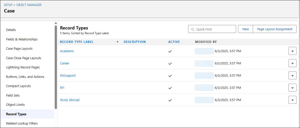 The record types on the Case object.