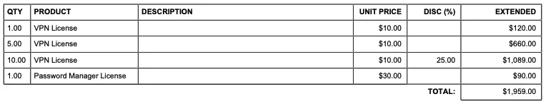 Proposal document with standard line item grid