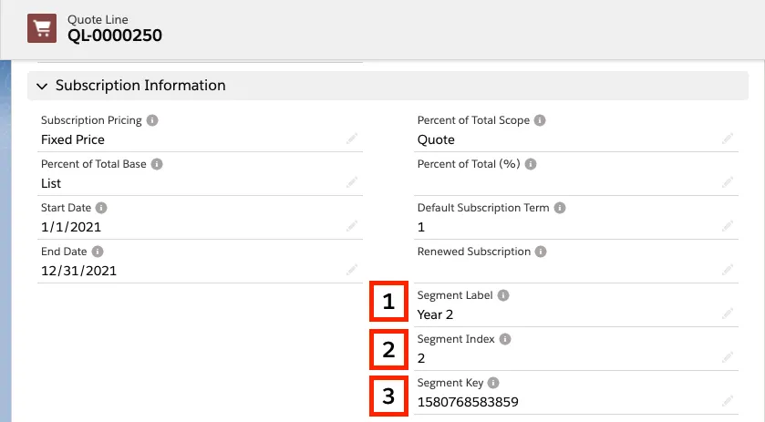 Subscription Information section of Quote Line record