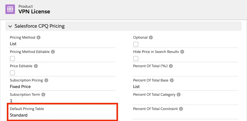 Product record with Default Pricing Table highlighted