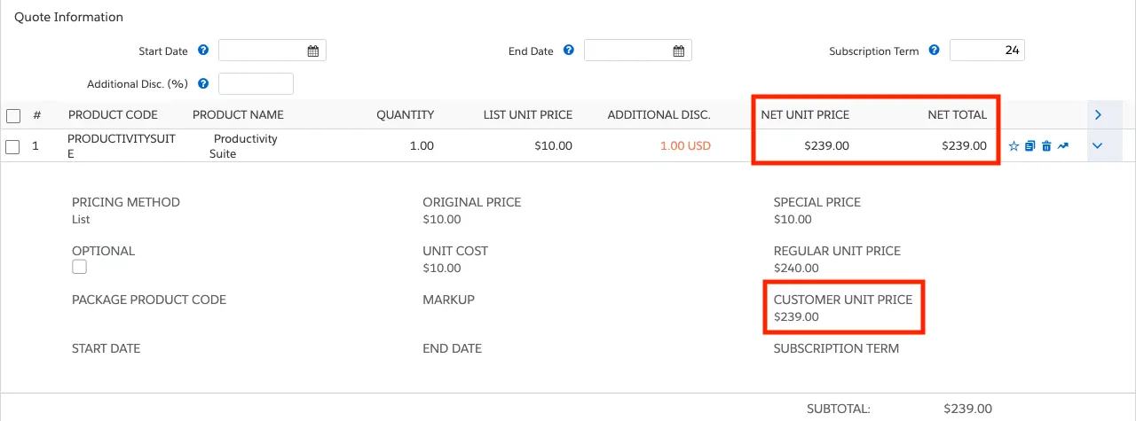 Quote Line Editor with Quote Line Drawer open to show discounting result