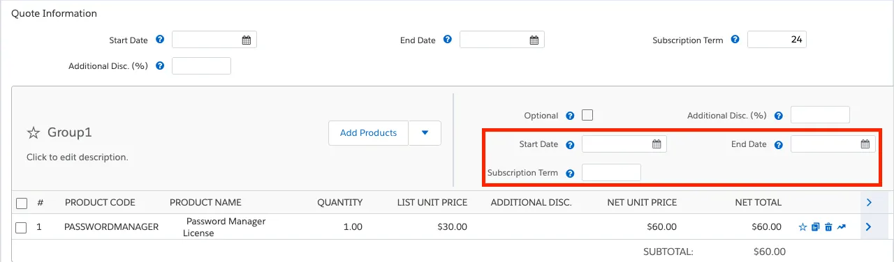 Quote Line Editor with two Quote Line Groups