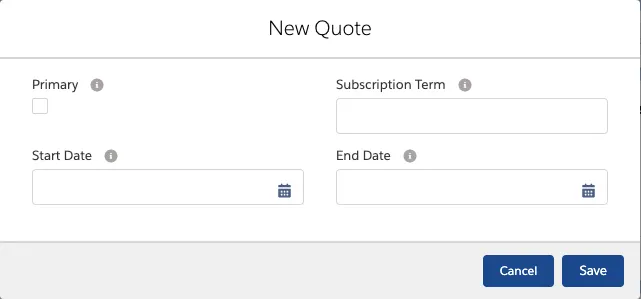 Popup seen when clicking New Quote button with fields to input a start and end date for the quote