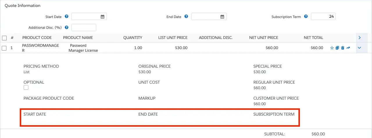 Quote Line Drawer with subscription fields highlighted