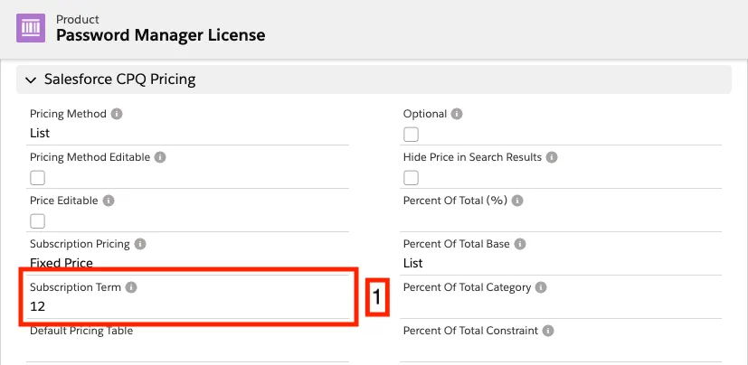 Product record with Subscription Term set to 12