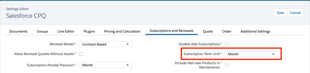 Package-level settings for subscription term unit