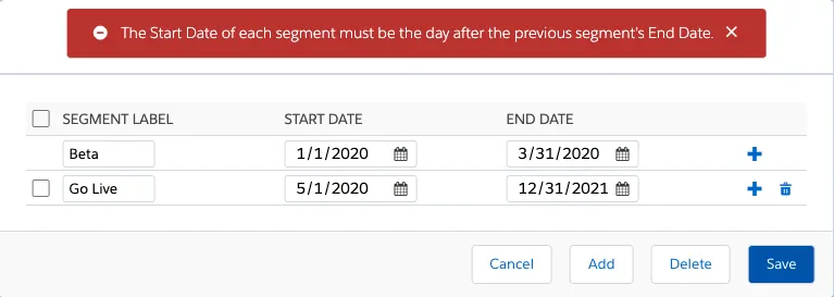 Custom Segments overlay with validation message