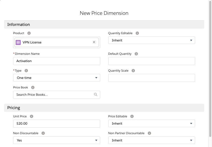 Price Dimension record with details filled in