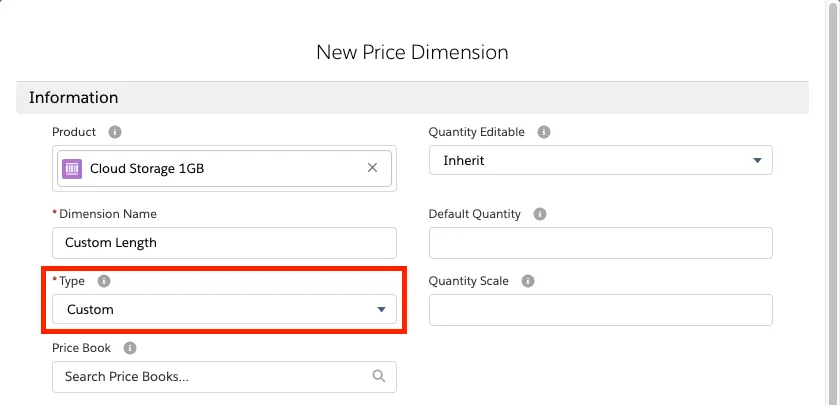 Price Dimension record with Type set to custom