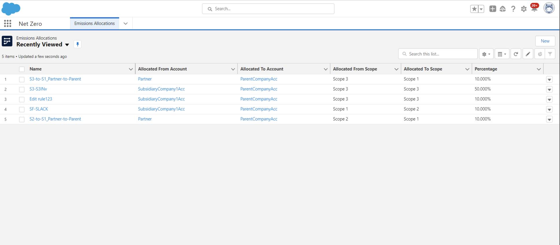 Emissions Allocations list view in Net Zero