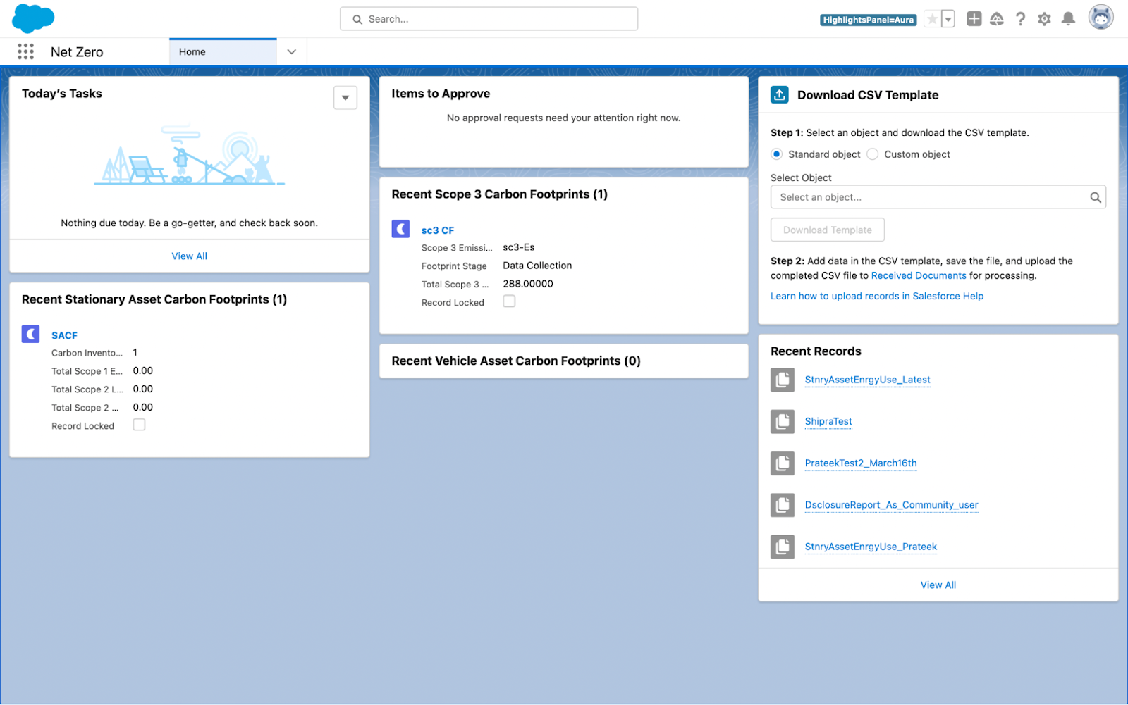 Download CSV Template pane in Net Zero