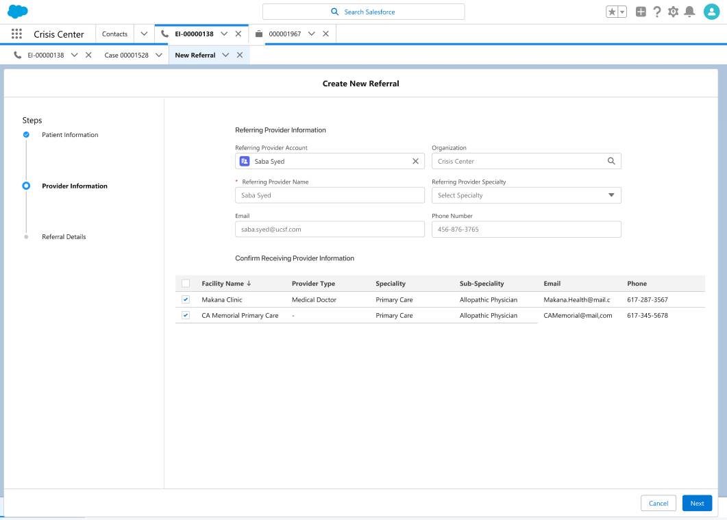 Create a New Referral screen in Crisis Center