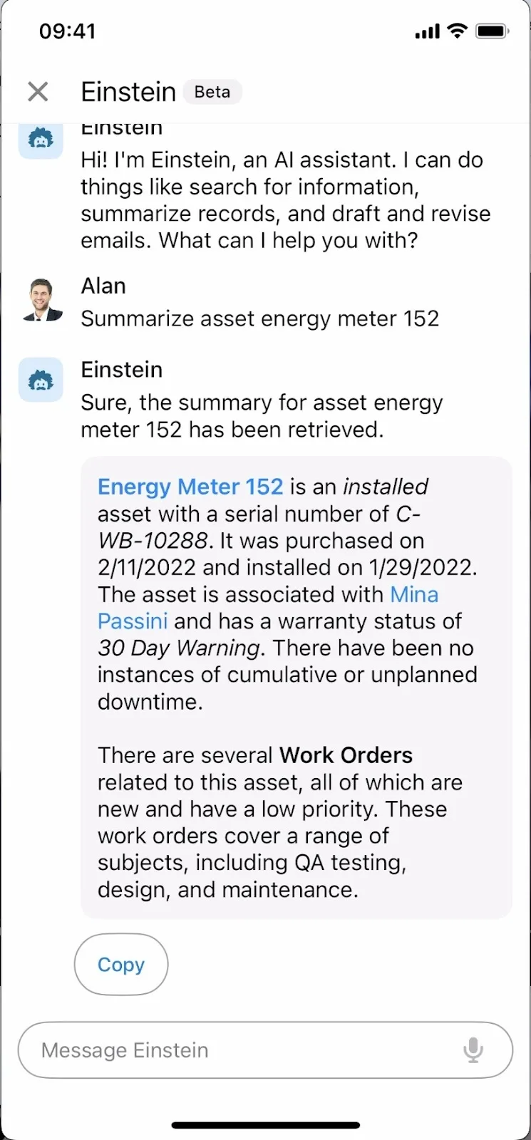 Service rep asks Einstein Copilot for a work summary on a mobile screen.