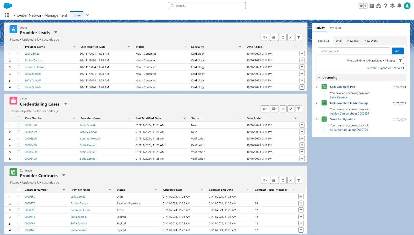 Home page showing Leads, Cases, Provider Contracts, Call activity, and more.