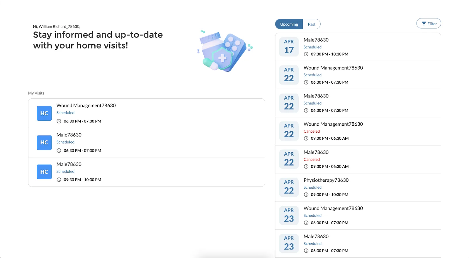 Mobile app screen showing upcoming scheduled in-home visits for a patient.