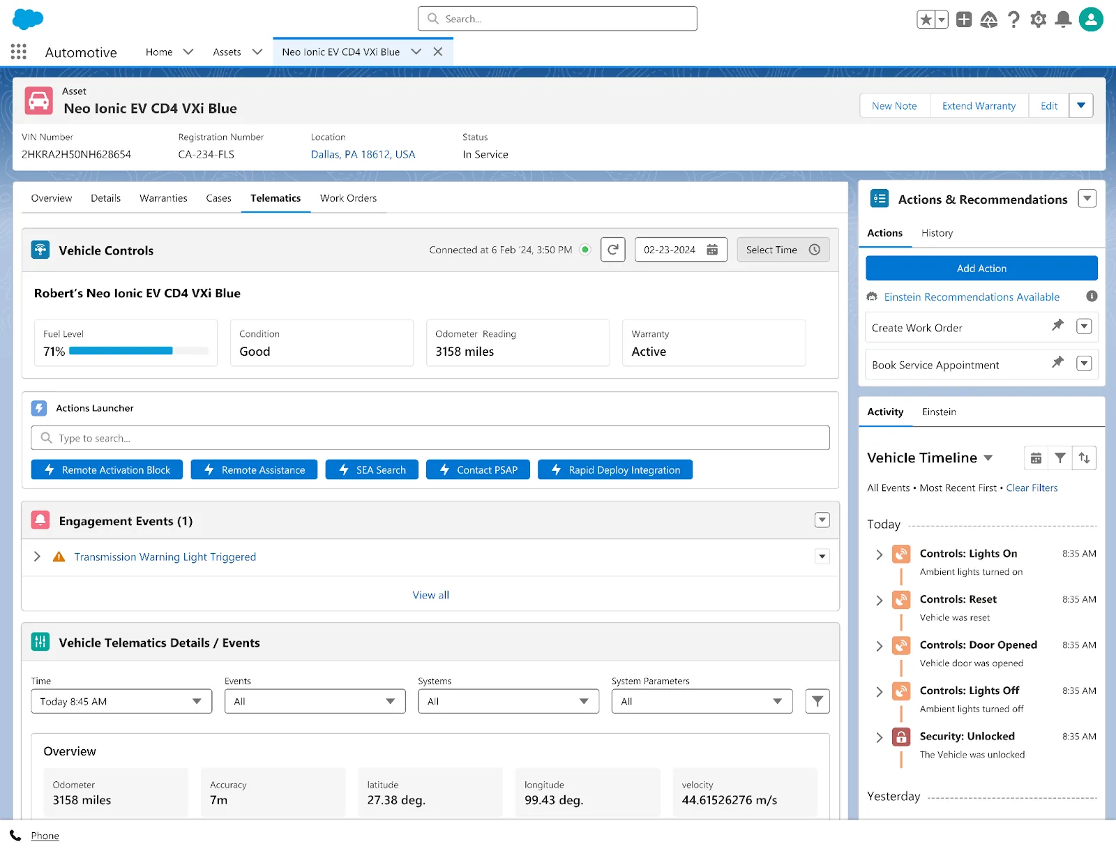 Telematics Details page showing Actions & Recommendations.