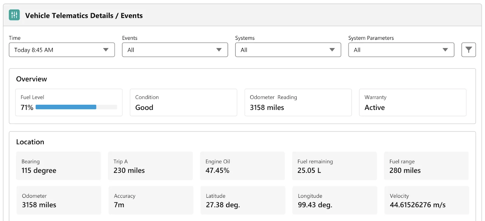 Vehicle Telematics Details / Events screen.