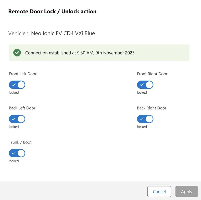 Remote Door Lock / Unlock action screen.