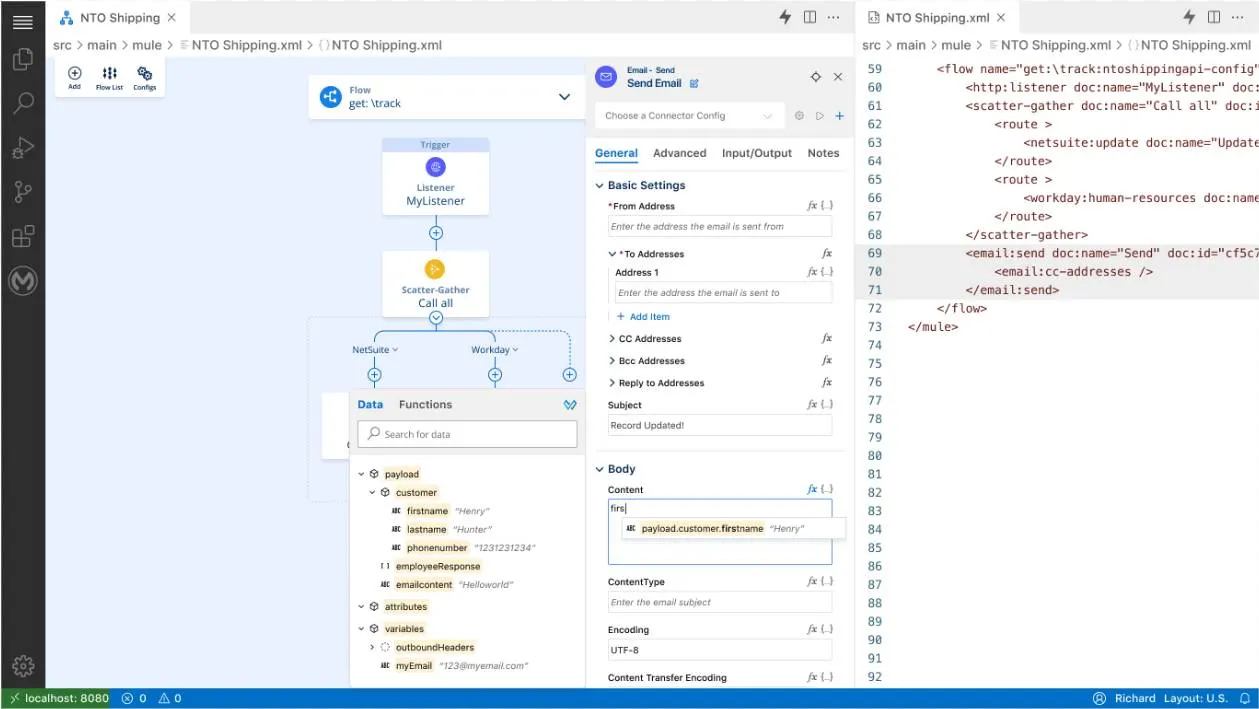 Writing a DataWeave expression within Anypoint Code Builder.