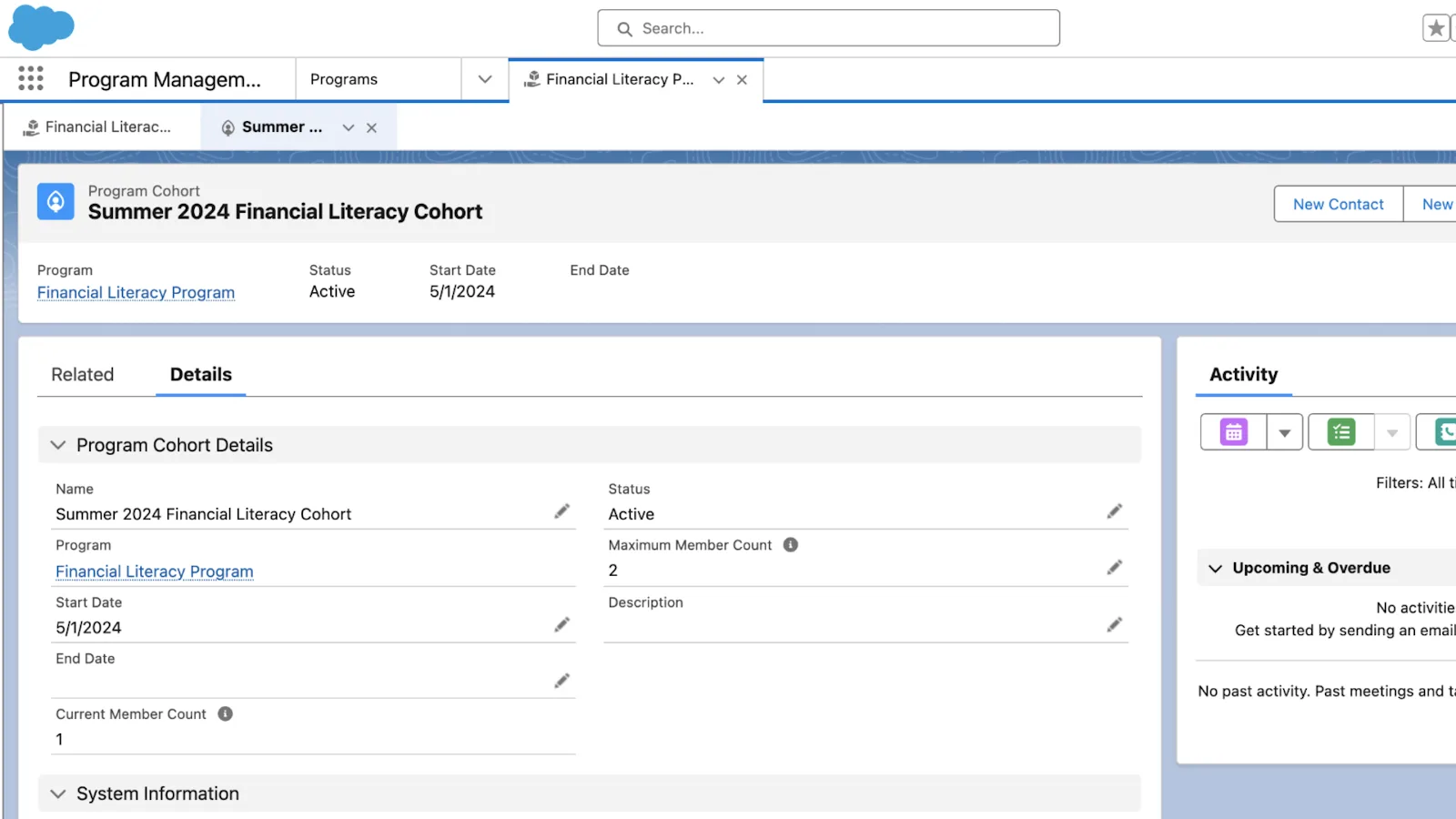 Program Cohort example Details page.