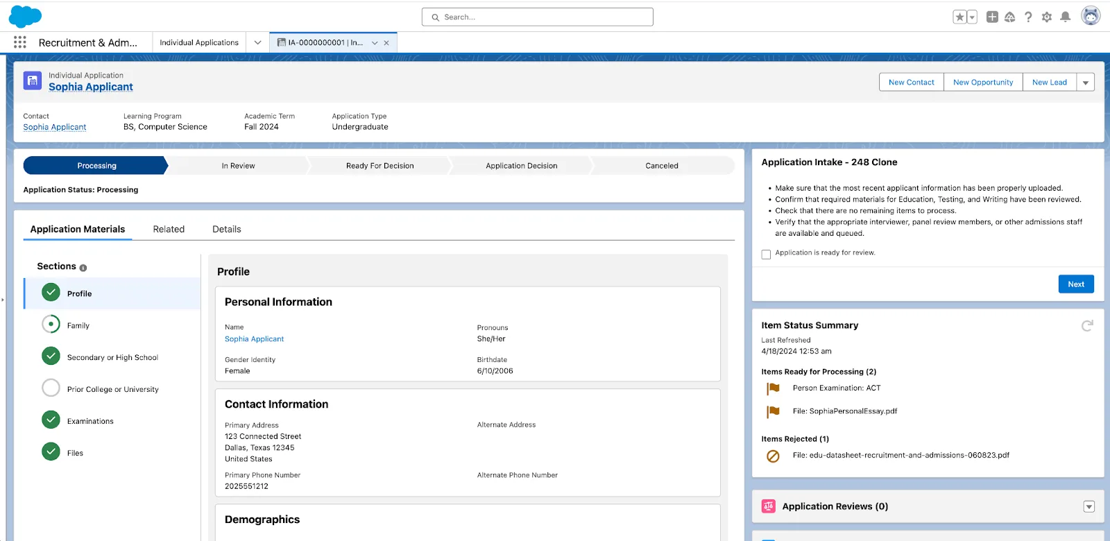 Individual application record showing personal information, application materials, item status and more.