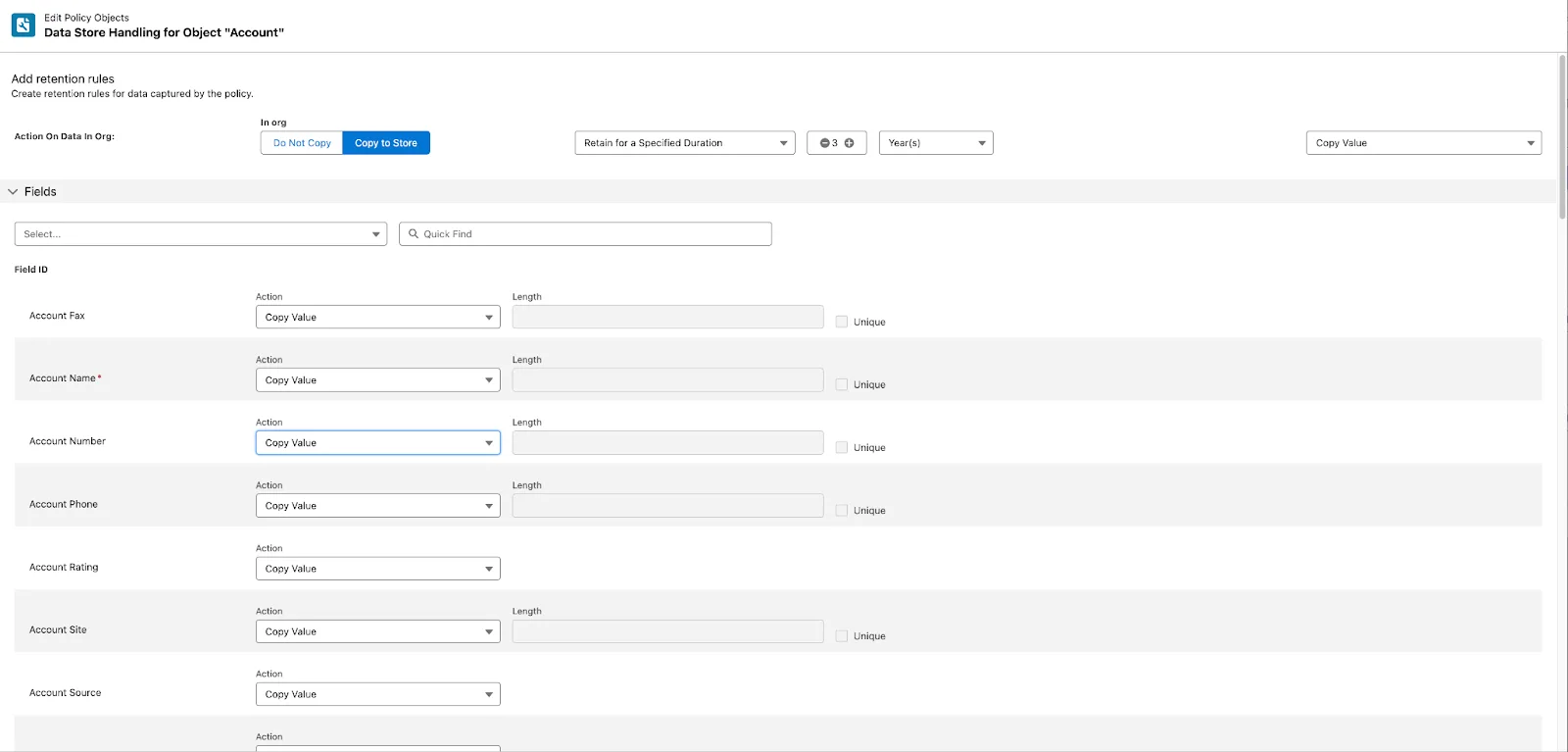 Setting retention rules for Account object