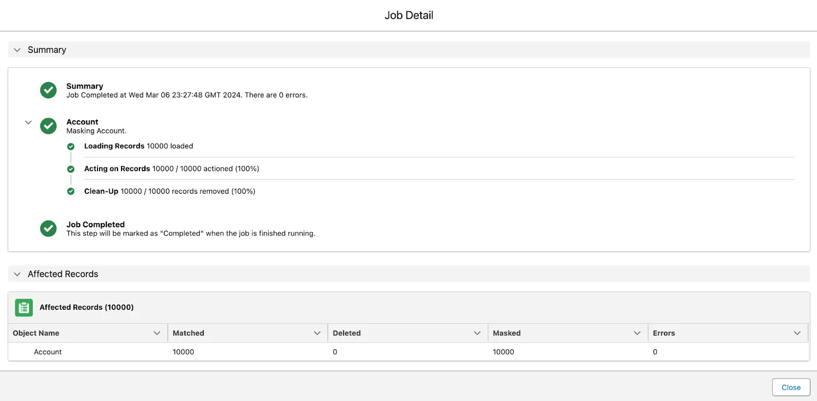 Screenshot showing Job Summary and Affected Records details.