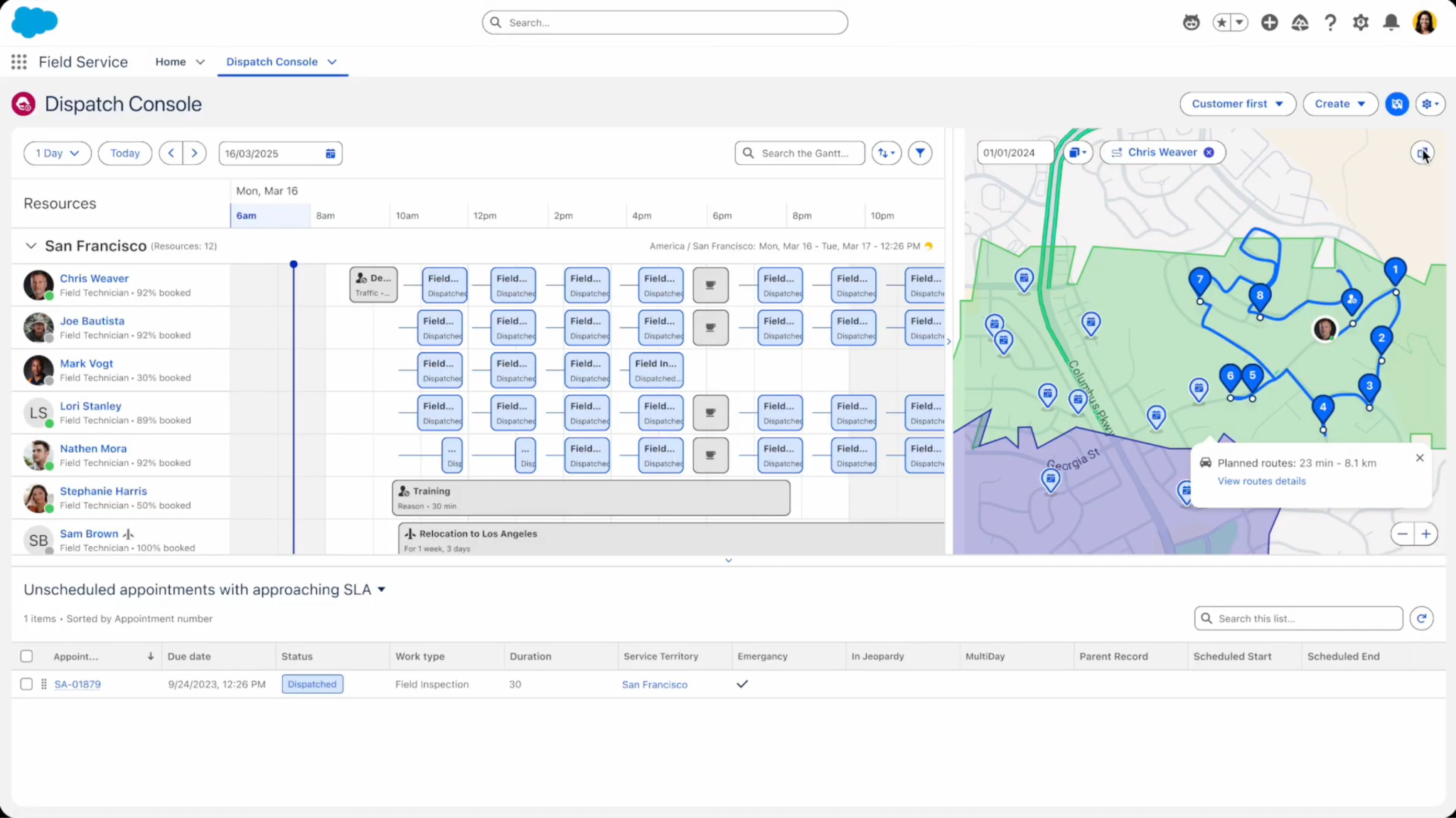 The Scheduling console UI shows how the interactive map and insights look for a dispatcher.