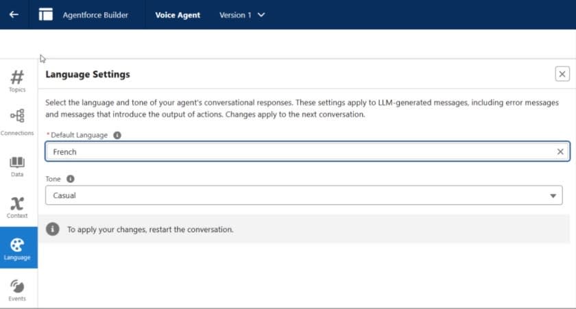 Agentforce Builder Language Settings page, with the option to choose both default language and the agent’s tone.