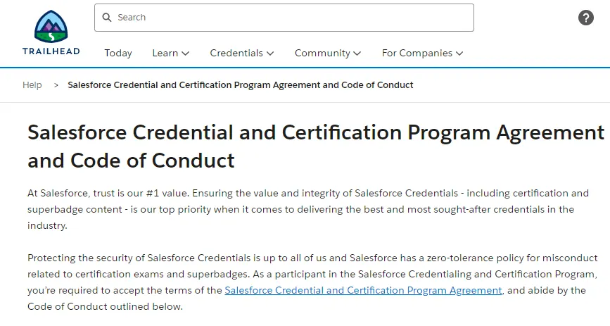 Immagine dell'articolo della guida in Trailhead con il documento dell'accordo e codice di condotta relativi al programma di concessione di certificazioni e credenziali Salesforce