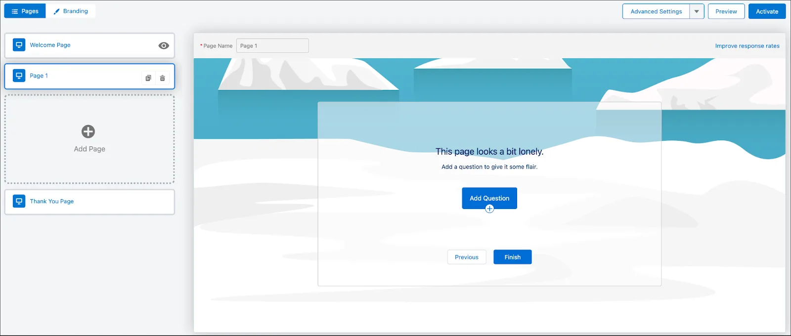 Survey Builder with list view icon selected to display a blank survey with three areas: Enter survey title, add questions, and enter your thank you message.