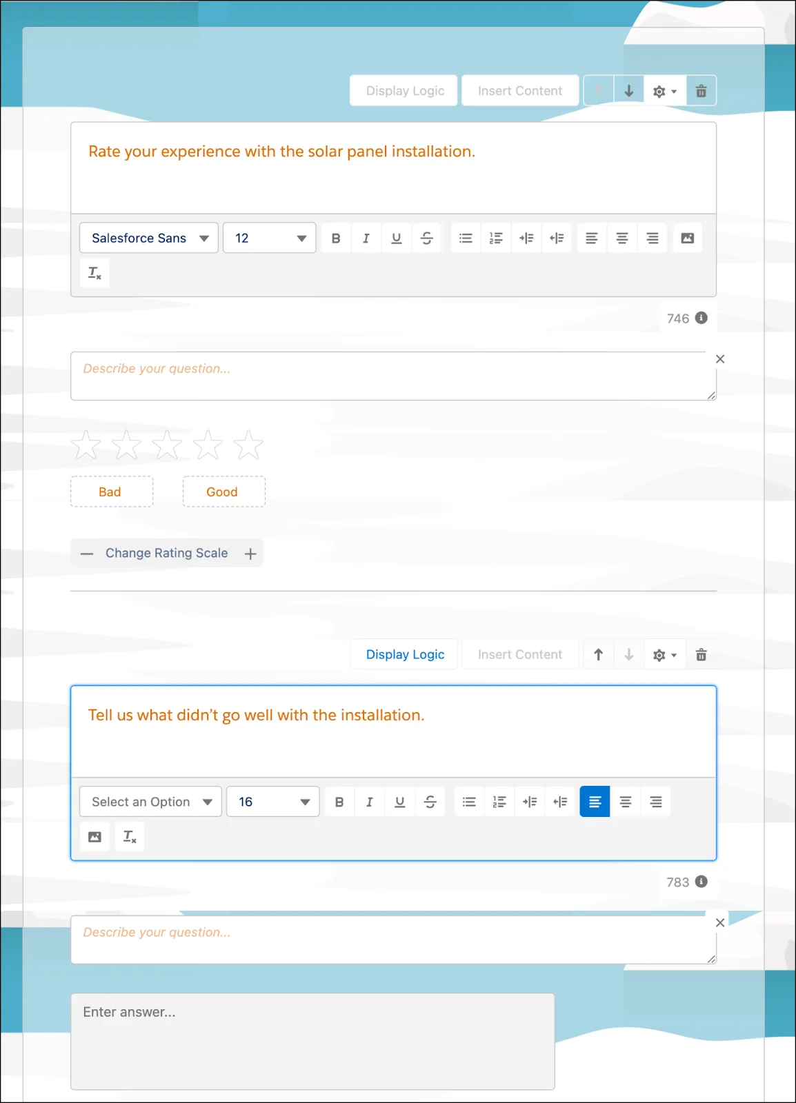 Duas perguntas no Survey Builder.