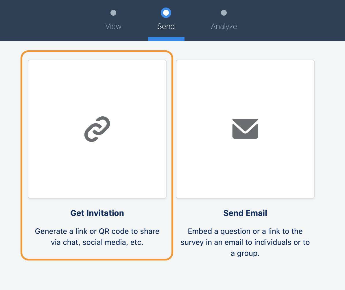 Die Optionen 'Einladung erhalten' und 'E-Mail senden' auf der Registerkarte 'Senden' des Umfragegenerators.