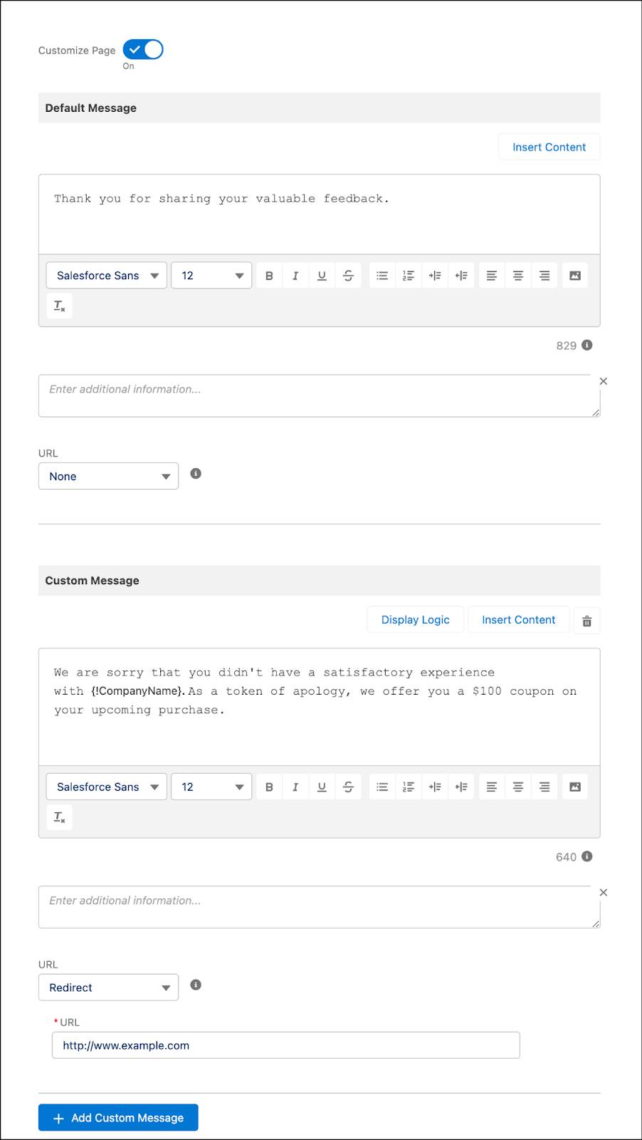 The Custom Message window in the thank you page with the URL Redirect ID.