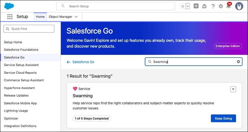 Salesforce Go homepage showing the swarming tile.