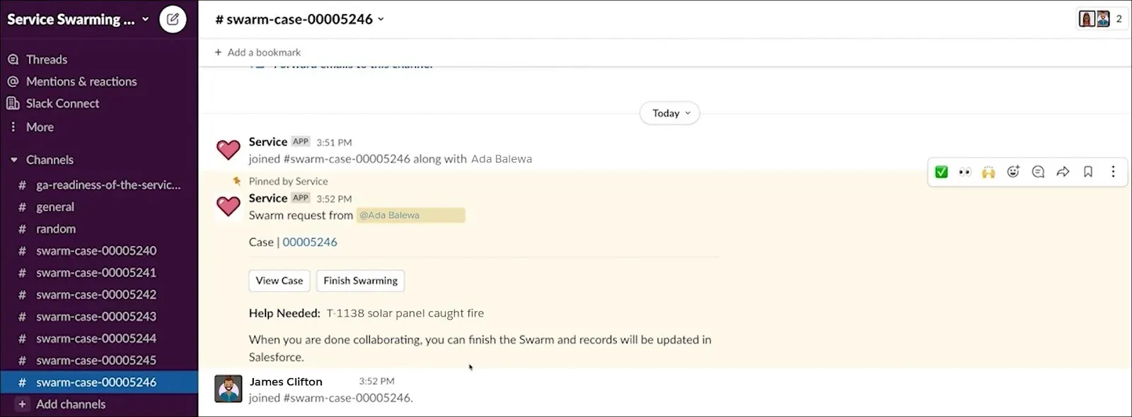 Slack channel for the swarm-case-00005246 showing James and Ada.