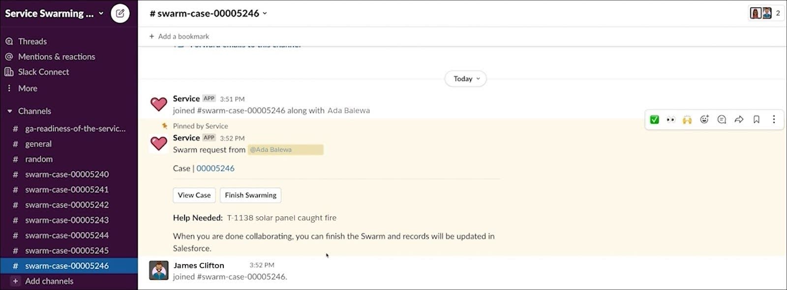Slack channel for the swarm-case-00005246 showing James and Ada.