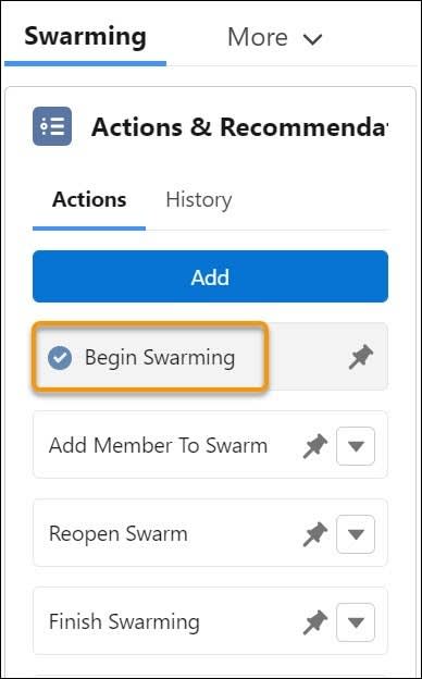 [Actions &amp; Recommendations (アクション &amp; おすすめ)] ペインの [Actions (アクション)] の下で強調表示されている [Begin Swarming (スウォーミングを開始)]